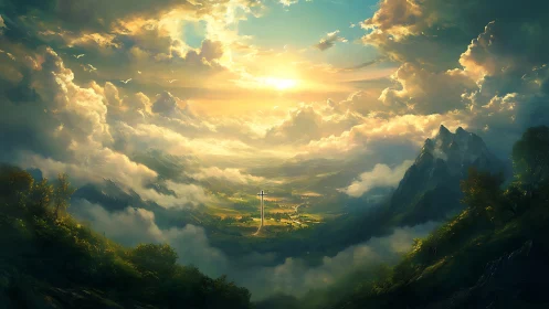 Mountain valley landscape under sunrise with tall cross.