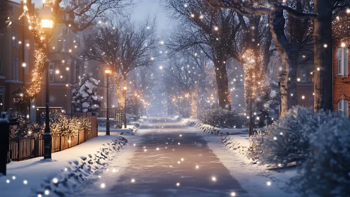 Snowy city street glows under warm winter lights at dusk.