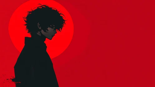 Silhouetted anime boy stands before large red sun circle