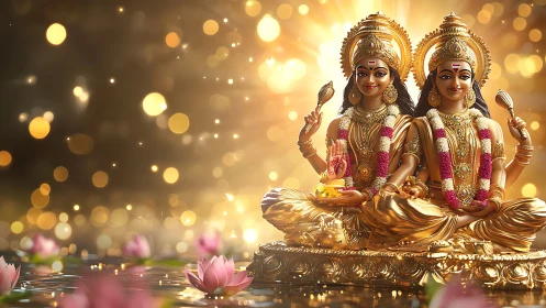 Golden twin deities on lotus pedestal amid radiant bokeh glow.
