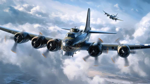 WWII four engine bomber aircraft in high altitude flight.