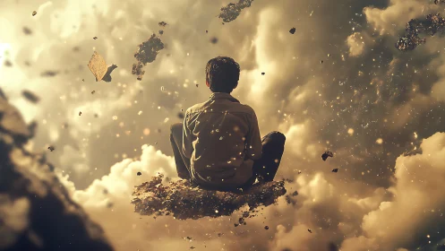 Solitary adolescent levitating amid luminous cloud debris.