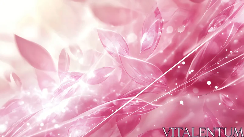 Soft pink leaves drift gently in a dreamy glowing light