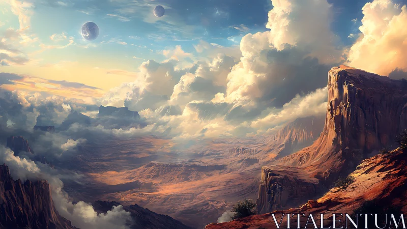 Alien desert canyon under towering storm-lit clouds.