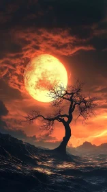 Solitary tree silhouettes against molten lunar horizon.