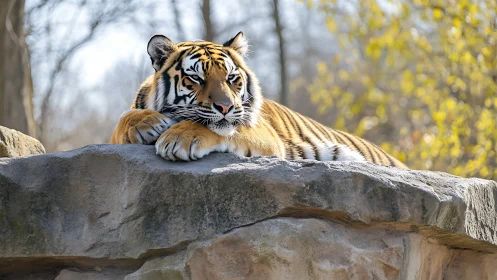 Resting tiger lying on sunlit rock ledge in habitat.