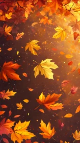 Autumn maple leaves swirling in warm golden backlight.