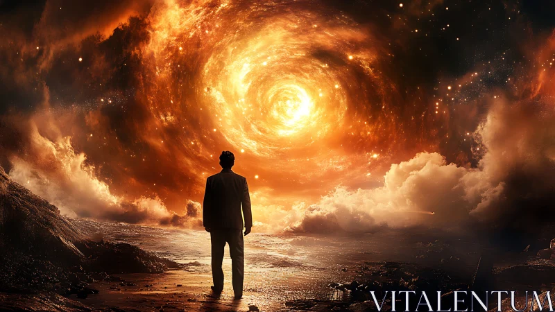 Silhouetted figure before luminous cosmic vortex at shoreline