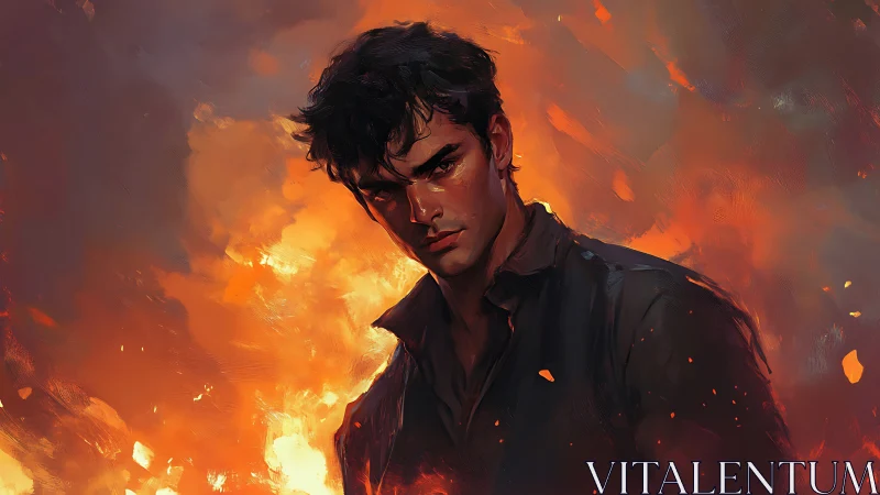 Volcanic backlit portrait of brooding male figure in flames.