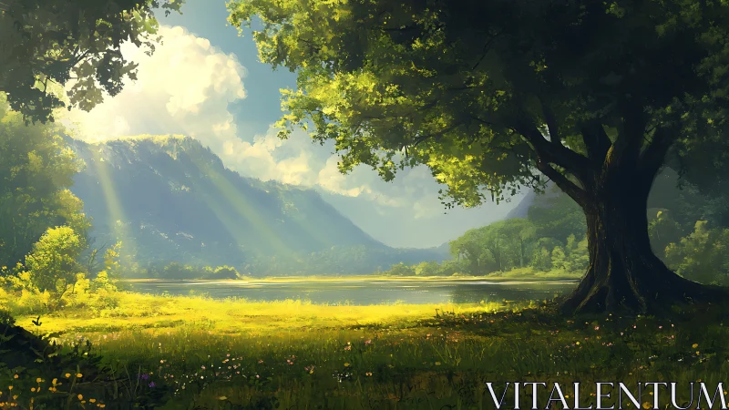 Sunlit forest guardian watches over a shimmering valley lake