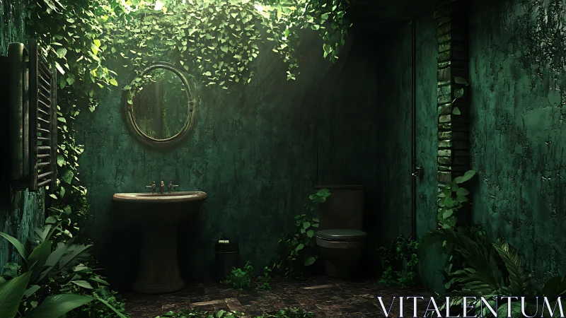 Overgrown green bathroom interior with dense hanging foliage.