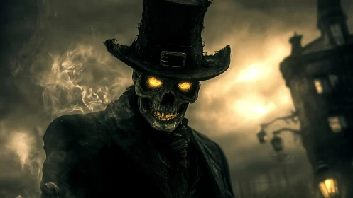 Victorian skeletal figure in cinematic horror digital painting.