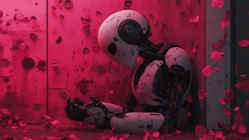 Humanoid robot sits against wall amid suspended petals