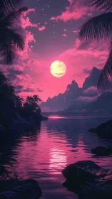 Neon pink tropical sunset over calm reflective water.