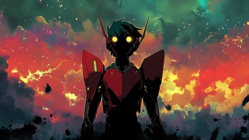 Neon sky sentinel standing bold against stormy color fields.