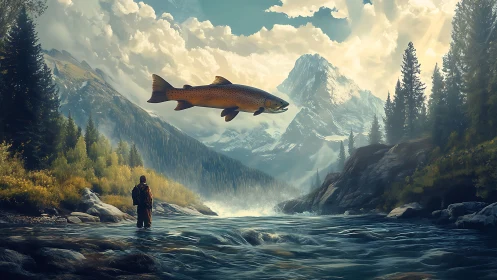Surreal alpine river vista with colossal levitating trout