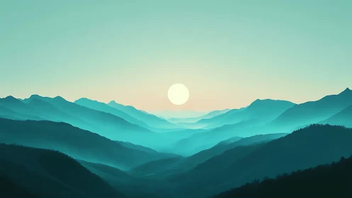Soft teal mountains welcoming a gentle rising sun.