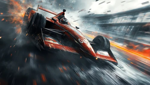 Red formula racer exploding through sparks and speedlines.