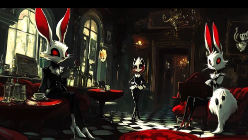 Anthropomorphic rabbits in dark café interior scene.