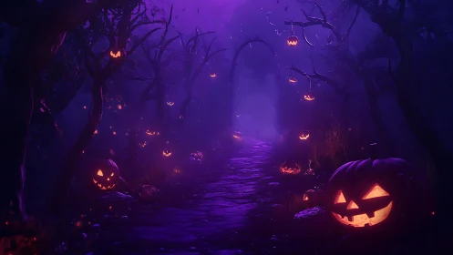 Spectral jack-o-lantern corridor under violet volumetric haze.