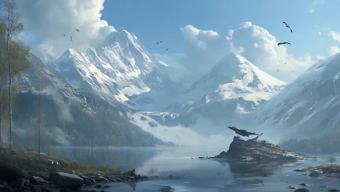 Snow crowned giants watch sleek starship skim their silent lake