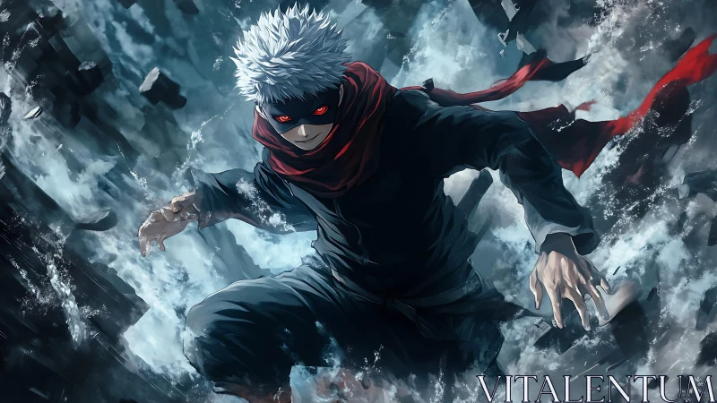 Dynamic masked warrior in shattered ice vortex anime composition.