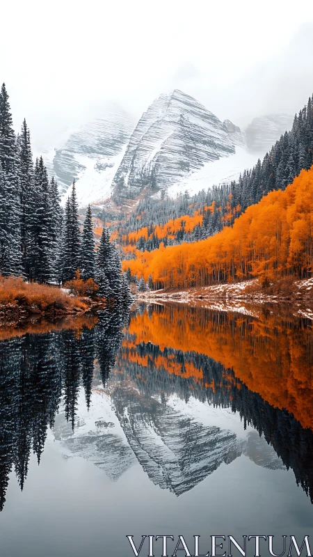 Snowcapped peaks with orange forest mirrored in lake.