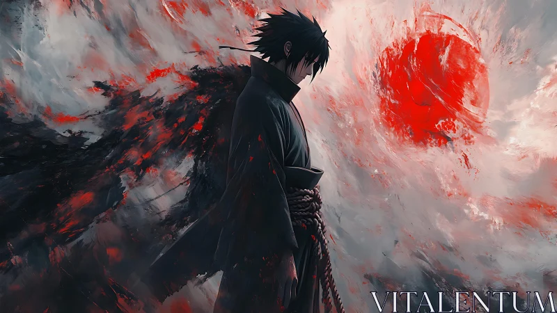 Solitary warrior under crimson eclipse in stormed sky.