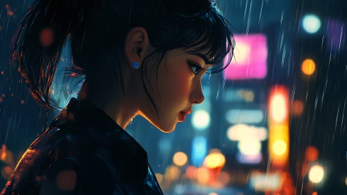 Woman stands in neon lit city street during heavy rain