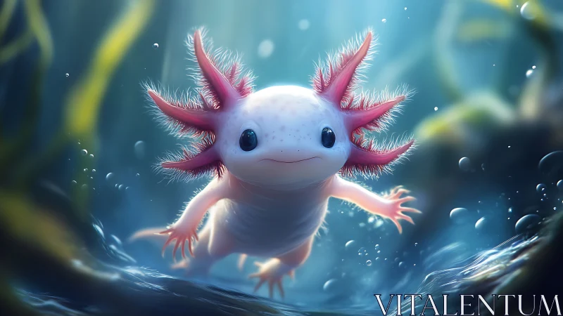 Bioluminescent axolotl glides through ethereal blue water.
