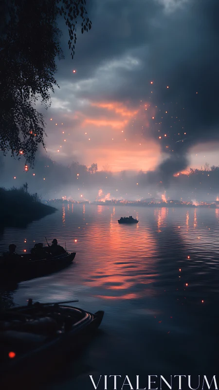 Twilight river boats drift beneath embers and stormy skies