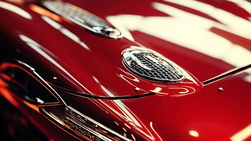 Photorealistic macro of classic red sports car hood detailing.