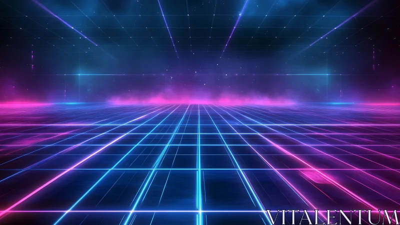 Neon vanishing-grid horizon in retrofuturist cyberspace field.