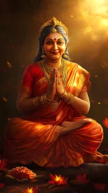 Serene Indian woman in orange sari seated in warm light