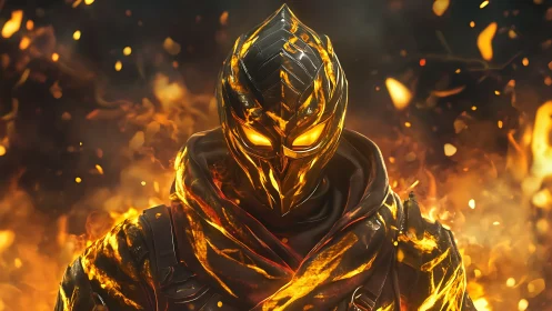 Molten armored warrior stands engulfed in swirling firestorm