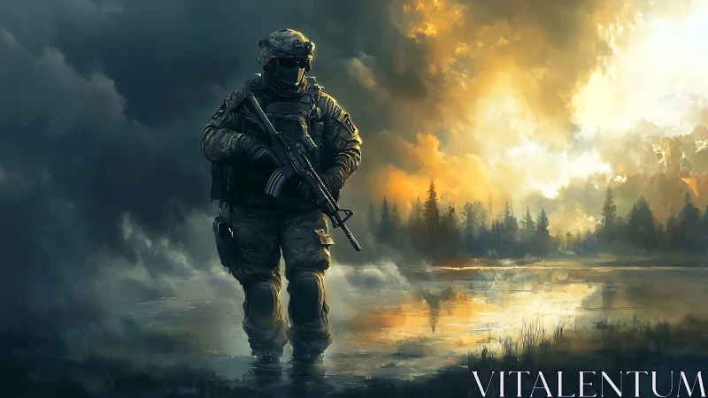Armored soldier crosses flooded clearing under storm sunrise