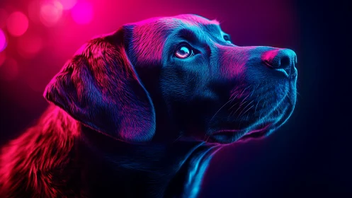Neon-lit black labrador gazes upward in vibrant glow.