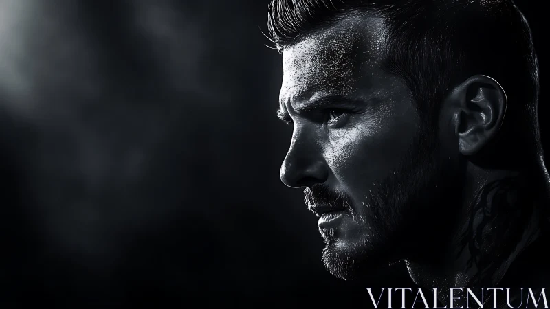 Monochrome male profile portrait in dramatic side lighting.