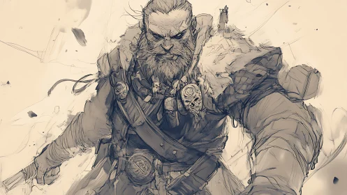 Dynamic ink sketch of battle-hardened fantasy warrior figure.