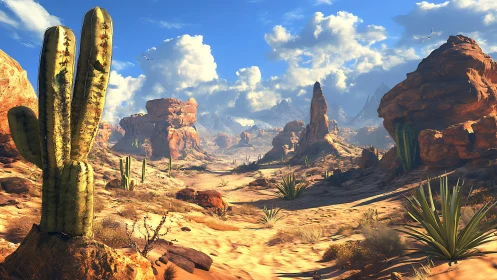 Sunlit desert canyon stretches toward distant blue mountains