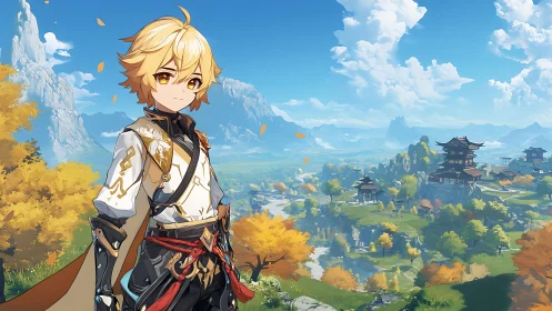 Golden wanderer above autumn valleys and distant pagodas.