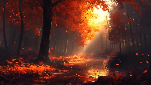 Forest landscape with autumn foliage and natural light illumination