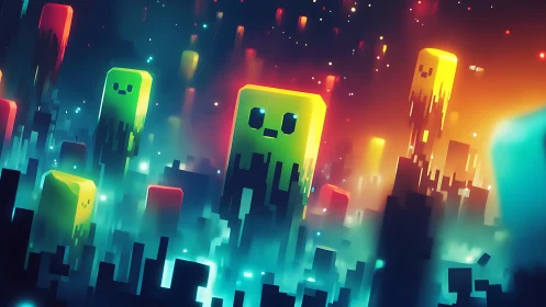 Glow-city pixel spirits drifting through a neon night.