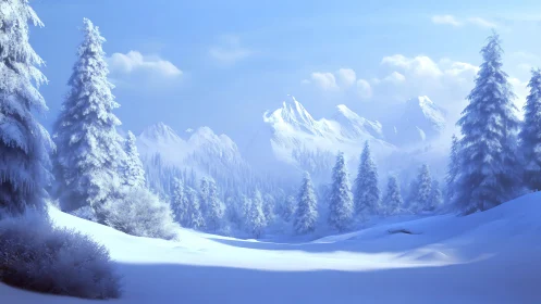 Radiant alpine conifer forest under diffuse winter illumination.