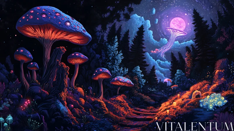 Luminous fungal landscape beneath moonlit forest sky.