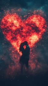 A Couple Embracing Under a Glowing Heart of Fire.