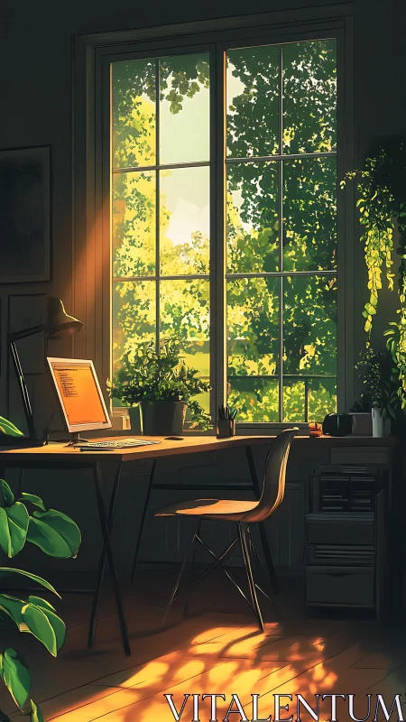 Digital painting of sunlit home office with lush window view.