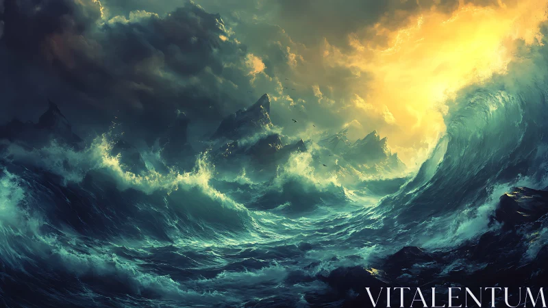 Storm-lit ocean waves crash toward jagged, shadowed cliffs