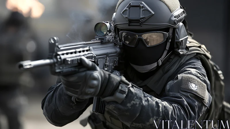 Tactical operator aims rifle during intense urban mission.