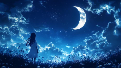 Luminous crescent moon over silhouetted girl in nocturnal field.